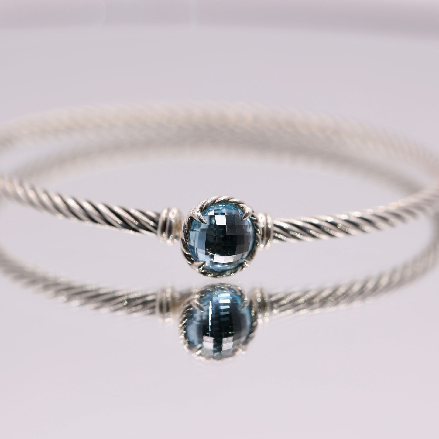 925 Sterling Silver David Yurman Blue Topaz Cable Bangle Bracelet 6.6"