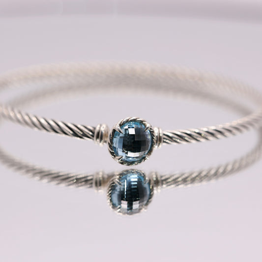 925 Sterling Silver David Yurman Blue Topaz Cable Bangle Bracelet 6.6"