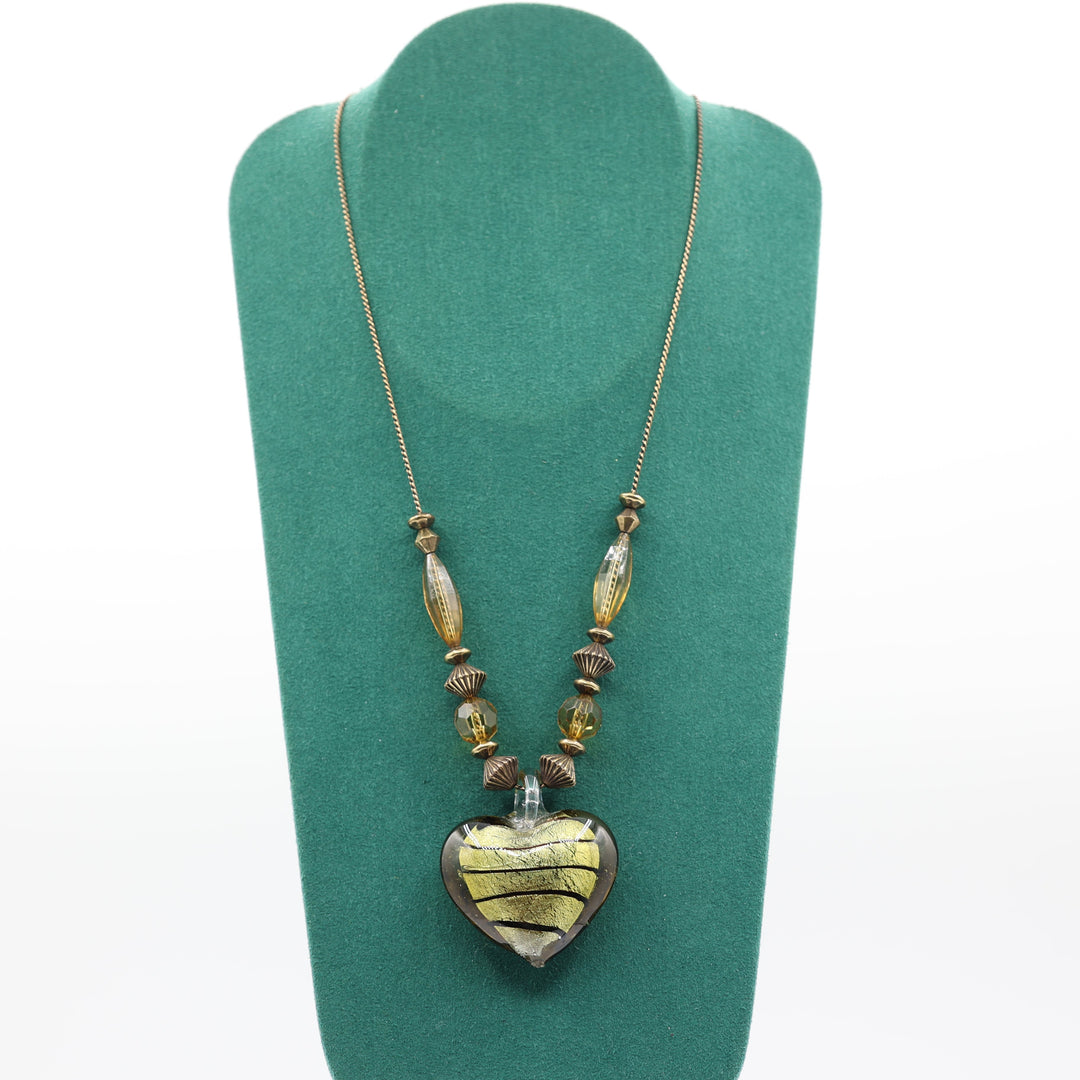 Puffy Heart Green Glass Pendant and Beaded Copper Necklace