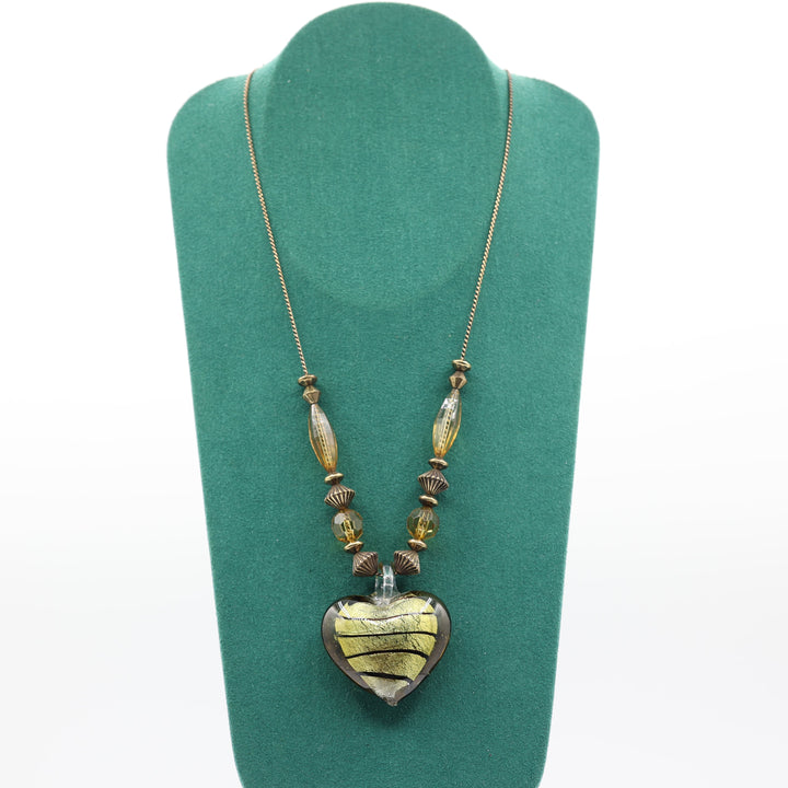 Puffy Heart Green Glass Pendant and Beaded Copper Necklace