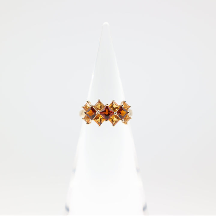14k Yellow Gold Red Orange Spinal Square Stones Ring Size 9