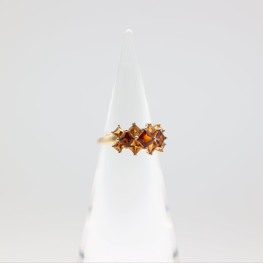 14k Yellow Gold Red Orange Spinal Square Stones Ring Size 9