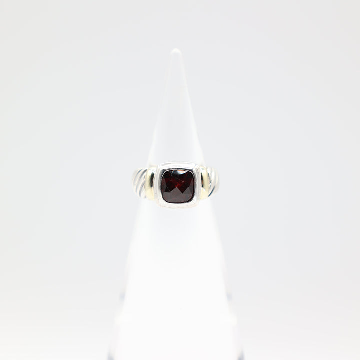 David Yurman Square Garnet Silver Gold Cable Band Ring Size 6.5