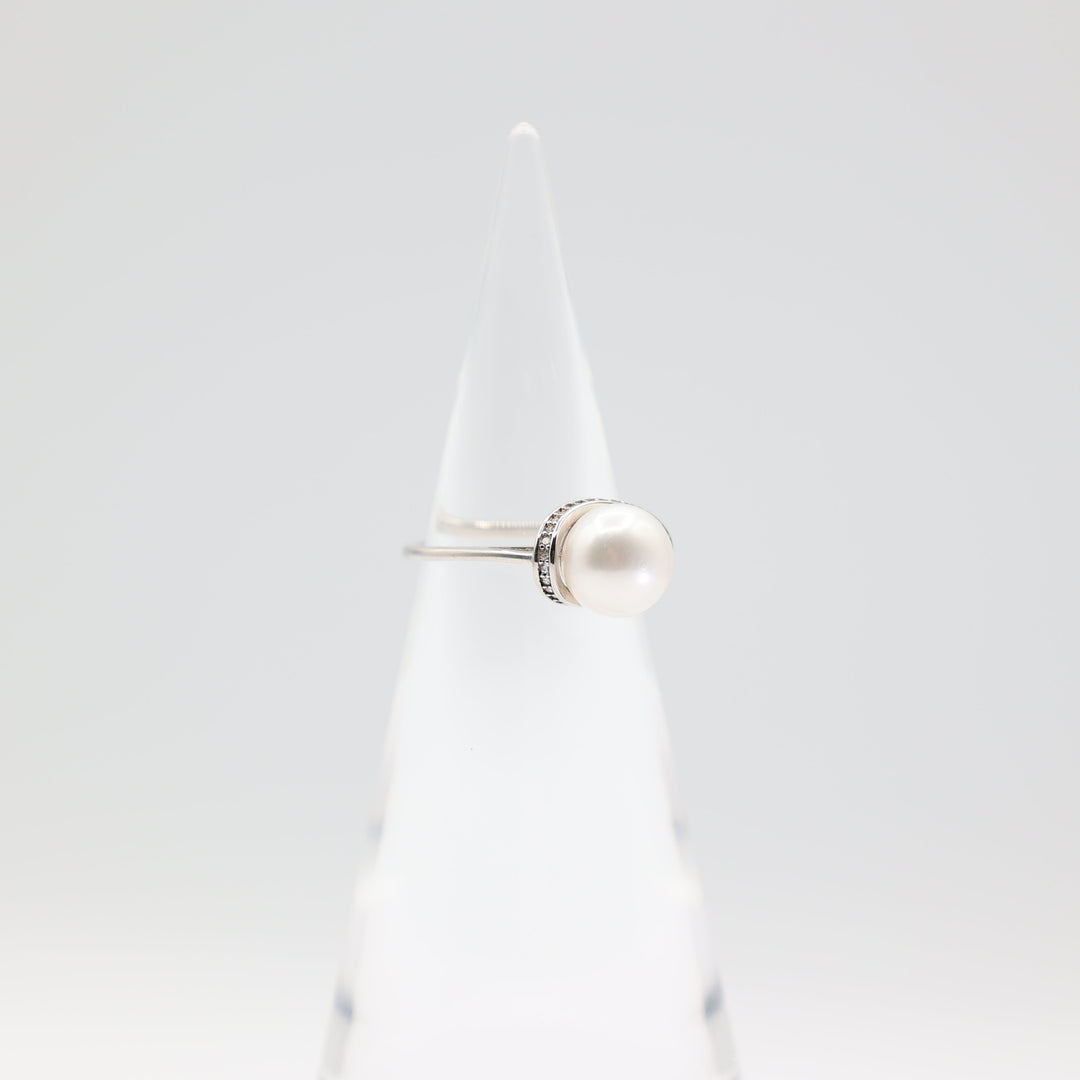925 Silver Faux Pearl Halo With White CZ Ring Size 9