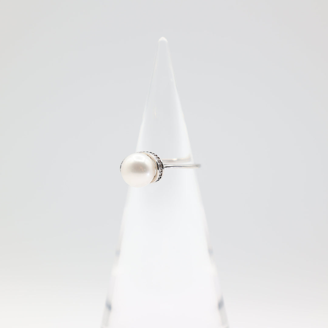 925 Silver Faux Pearl Halo With White CZ Ring Size 9