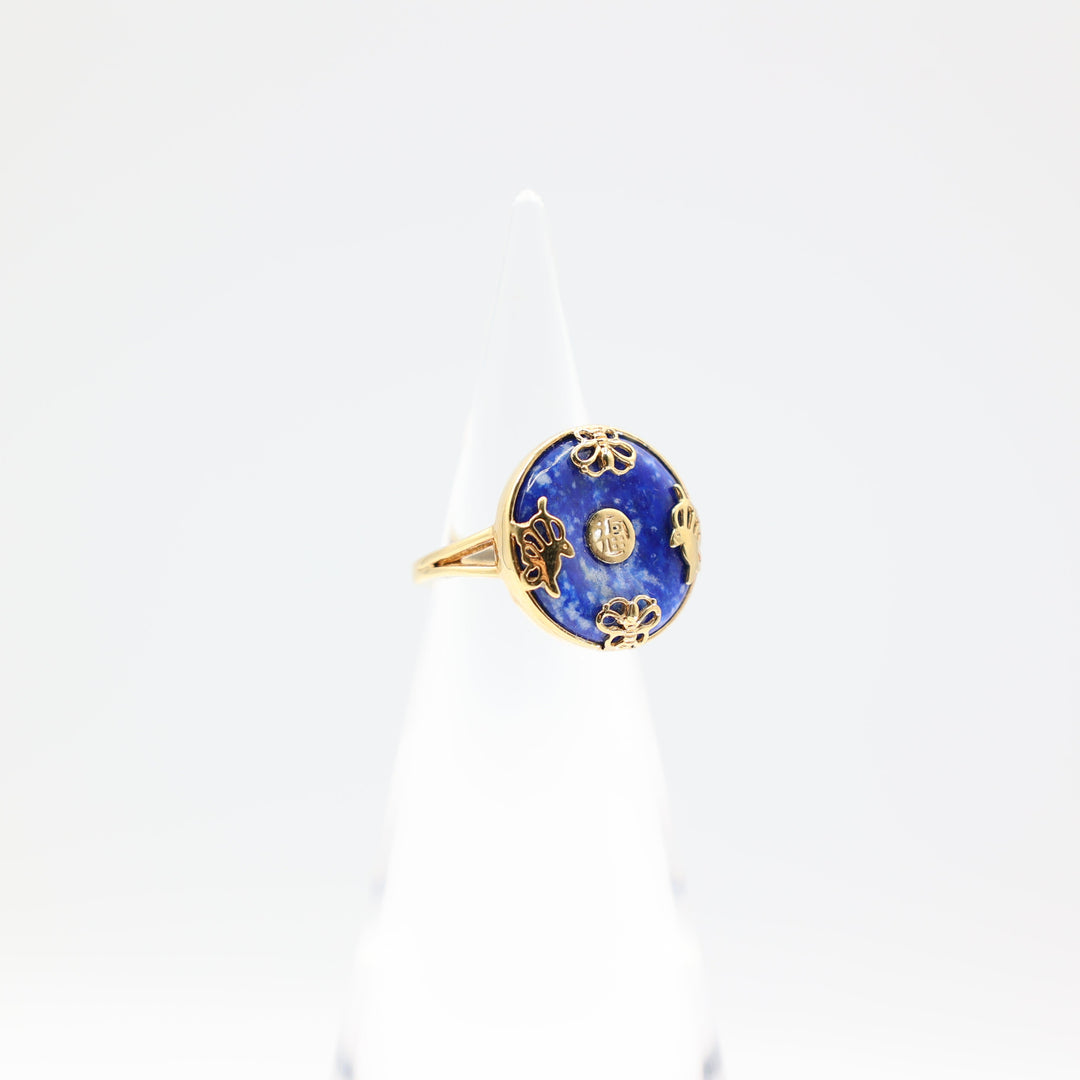 925 Yellow Gold Plated Round Donut Blue Jade Ring Size 6