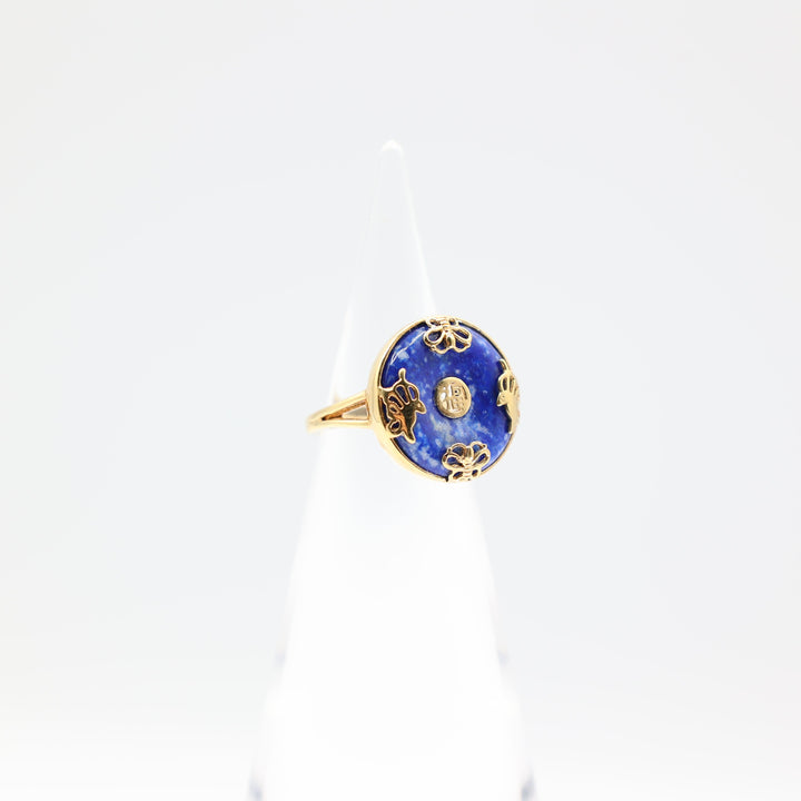 925 Yellow Gold Plated Round Donut Blue Jade Ring Size 6