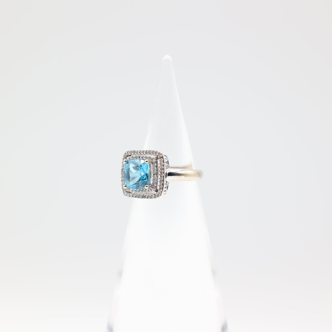 14k White Gold Square Ring With Topaz Stone And Diamonds Size 6.75