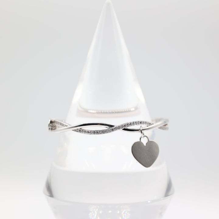 Silver Tone Twisted Crystal Rhinestone Hinged Bracelet with Heart Charm