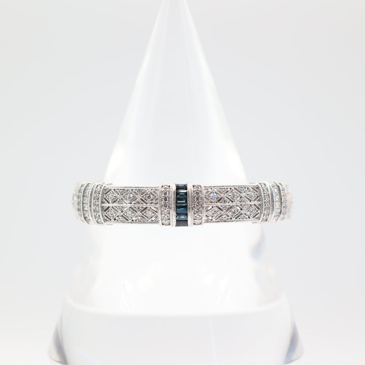 Judith Ripka 925 Silver Blue Sapphire and White Crystal Bangle Bracelet with Hinge - 6.5in