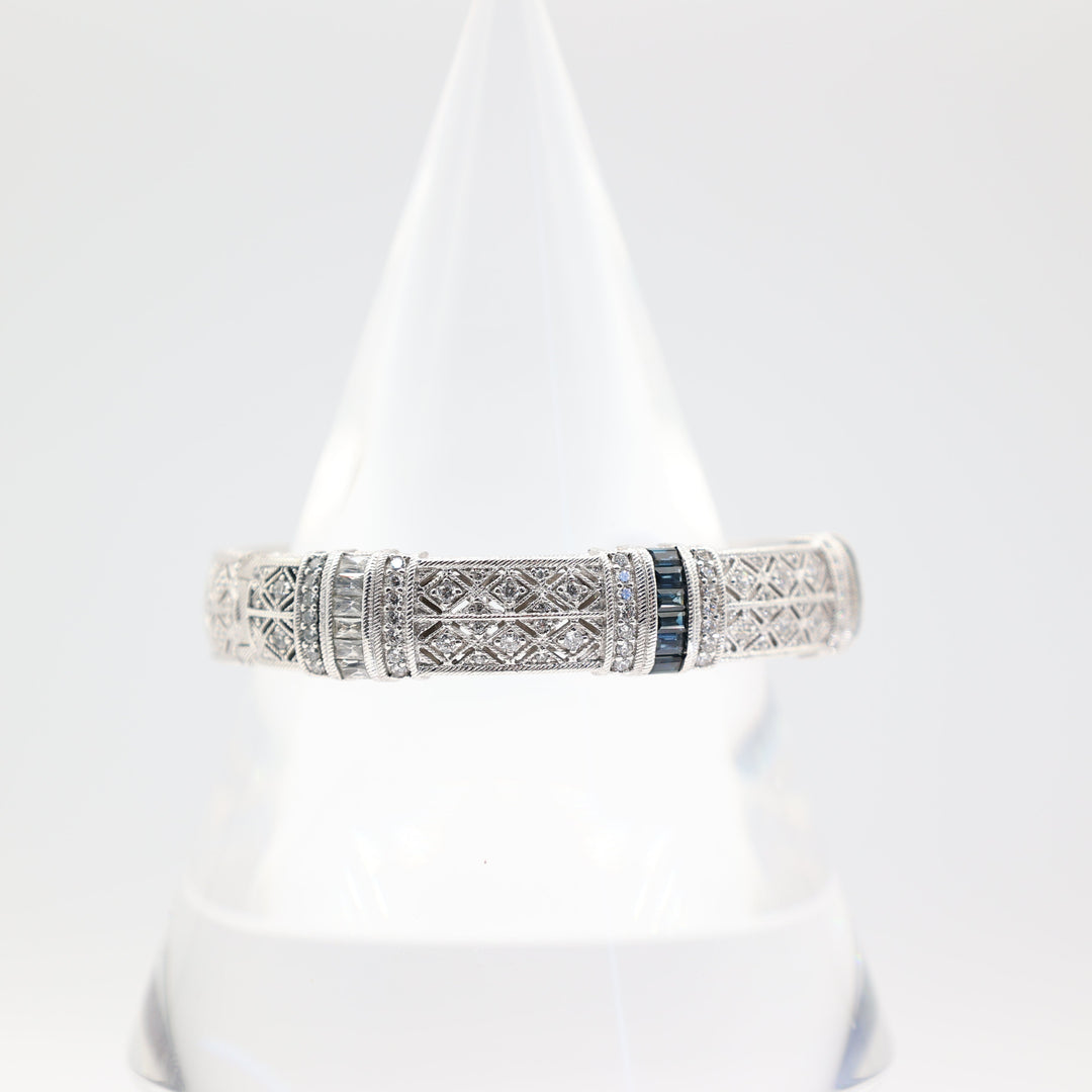 Judith Ripka 925 Silver Blue Sapphire and White Crystal Bangle Bracelet with Hinge - 6.5in