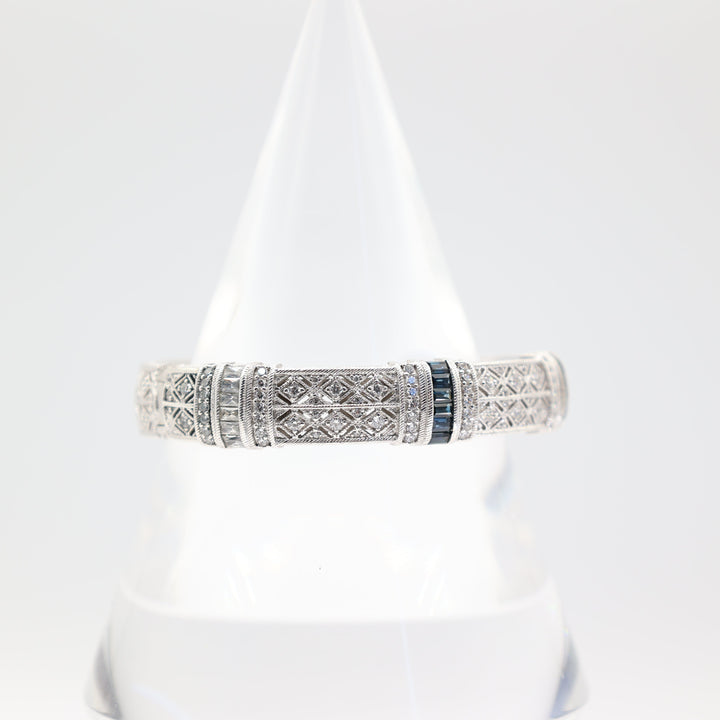 Judith Ripka 925 Silver Blue Sapphire and White Crystal Bangle Bracelet with Hinge - 6.5in