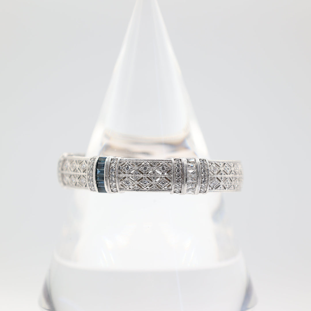 Judith Ripka 925 Silver Blue Sapphire and White Crystal Bangle Bracelet with Hinge - 6.5in