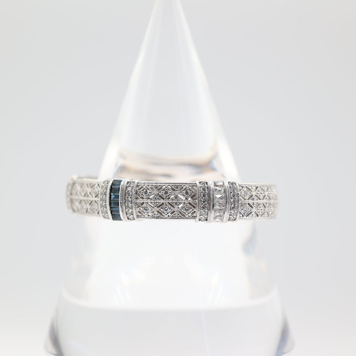 Judith Ripka 925 Silver Blue Sapphire and White Crystal Bangle Bracelet with Hinge - 6.5in