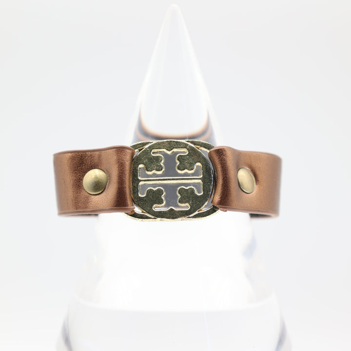 Tory Burch Gold Tone Logo And Brown Leather Strap Bracelet