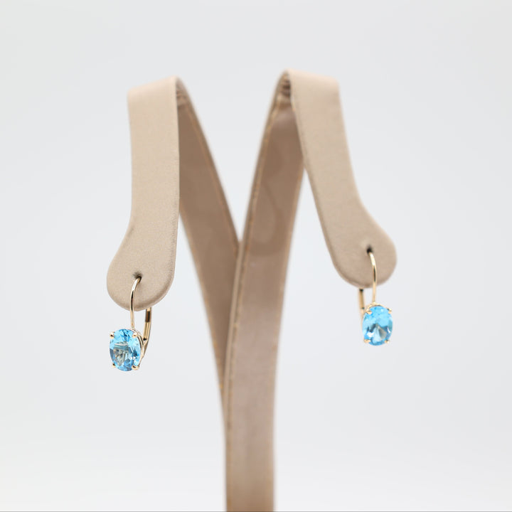 14k Yellow Gold Blue Topaz Oval Leverback Earrings Set
