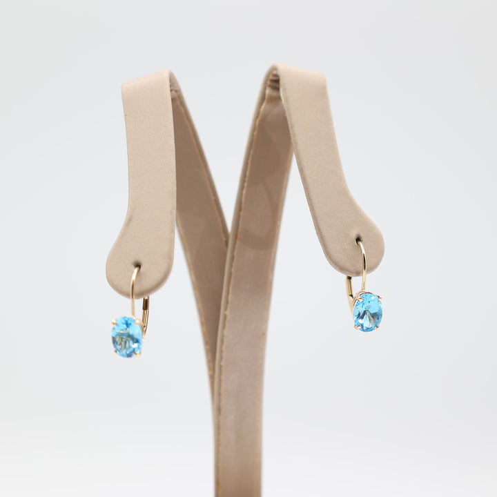 14k Yellow Gold Blue Topaz Oval Leverback Earrings Set