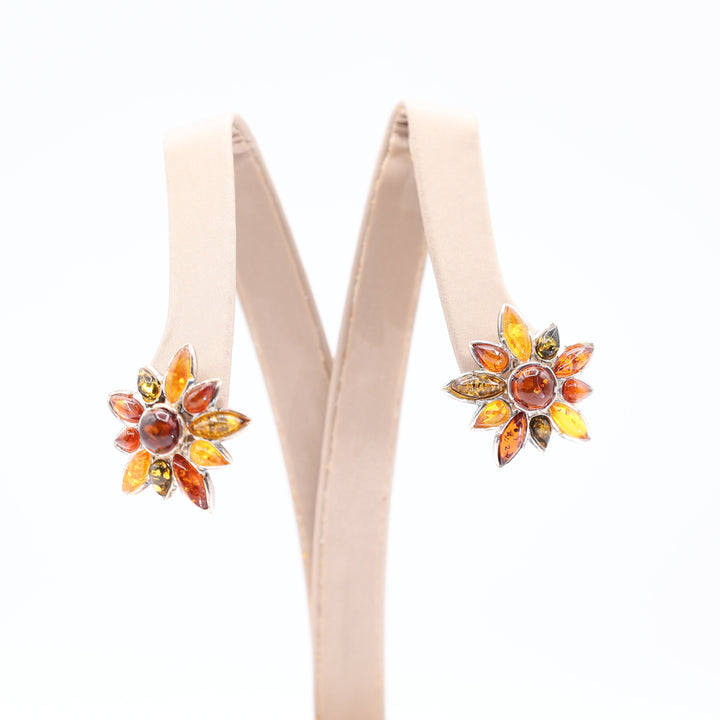 925 Sterling Silver Amber Flower Stud Earrings