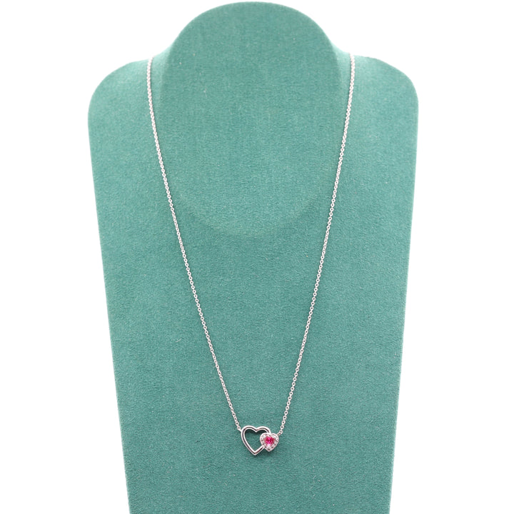 925 Sterling Silver Double Heart Necklace with Pink White Sapphires