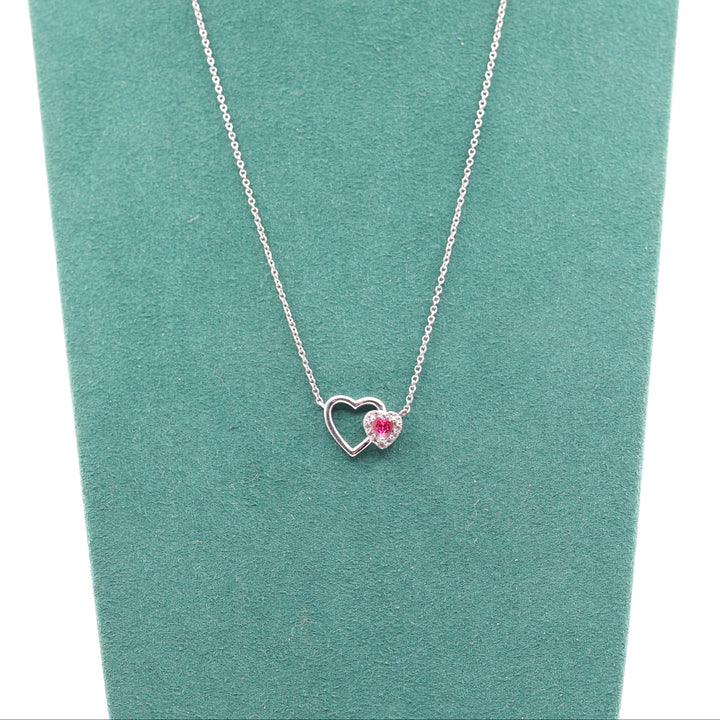 925 Sterling Silver Double Heart Necklace with Pink White Sapphires