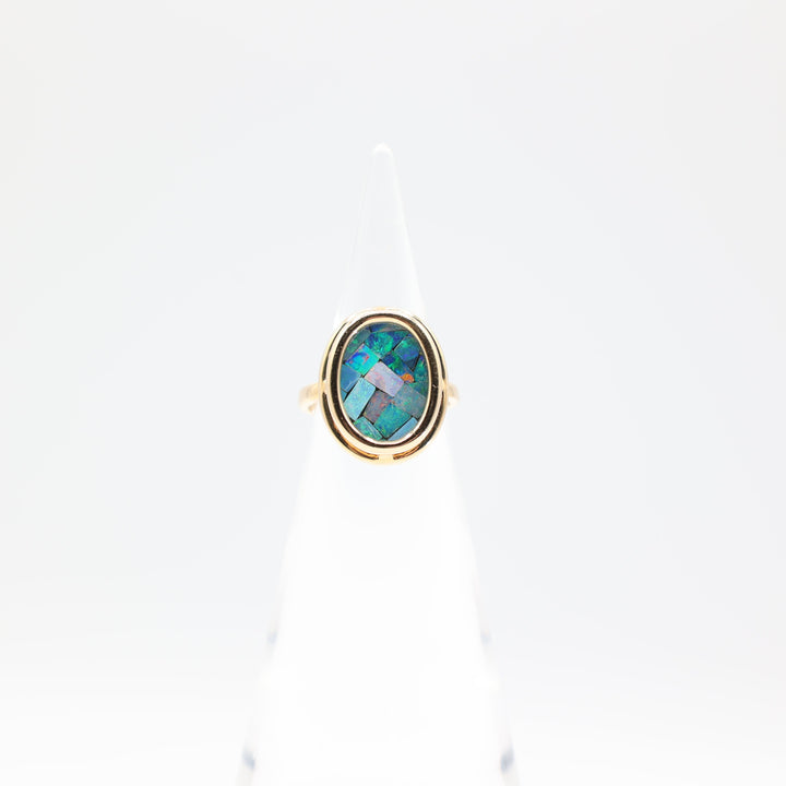 925 Gold Plated 14k Oval Opal Blue Mosaic Ring Size 6