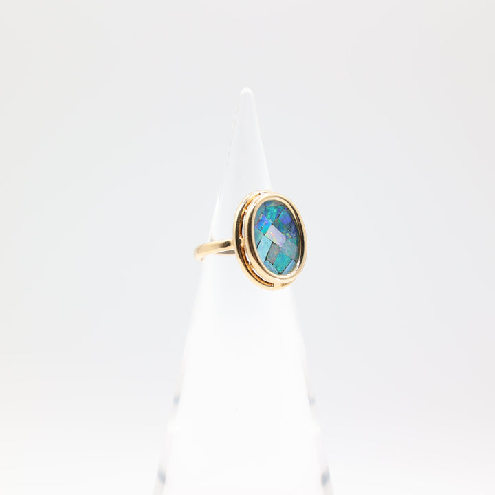 925 Gold Plated 14k Oval Opal Blue Mosaic Ring Size 6