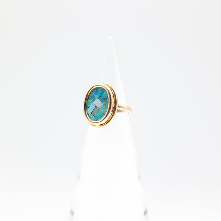 925 Gold Plated 14k Oval Opal Blue Mosaic Ring Size 6