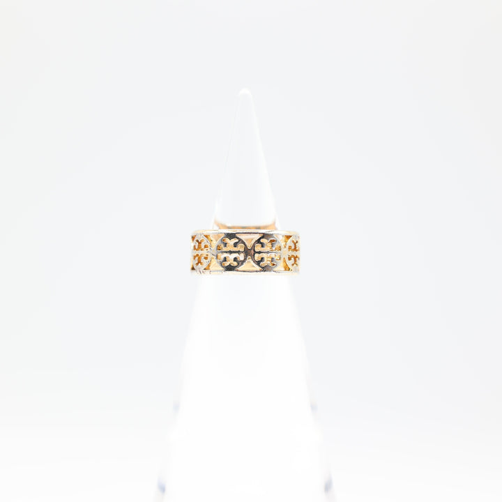 Tory Burch Gold Tone Kinsley Cutout Logo Ring Size 6.5