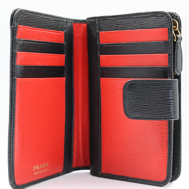 Prada Black Vitelli Move Wallet with Red Interior