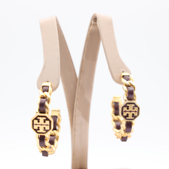 Tory Burch Gold Tone Brown Leather Twisted Hoop Earrings
