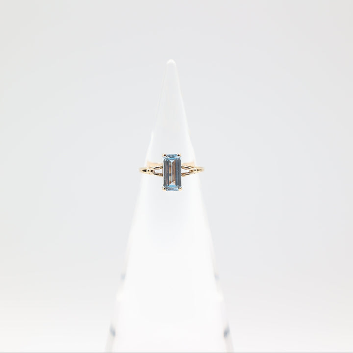 14k Yellow Gold Band with Thin Emerald Cut Blue Topaz Ring Size 5