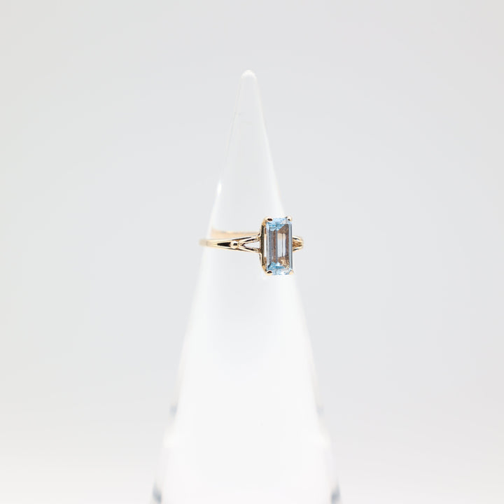 14k Yellow Gold Band with Thin Emerald Cut Blue Topaz Ring Size 5
