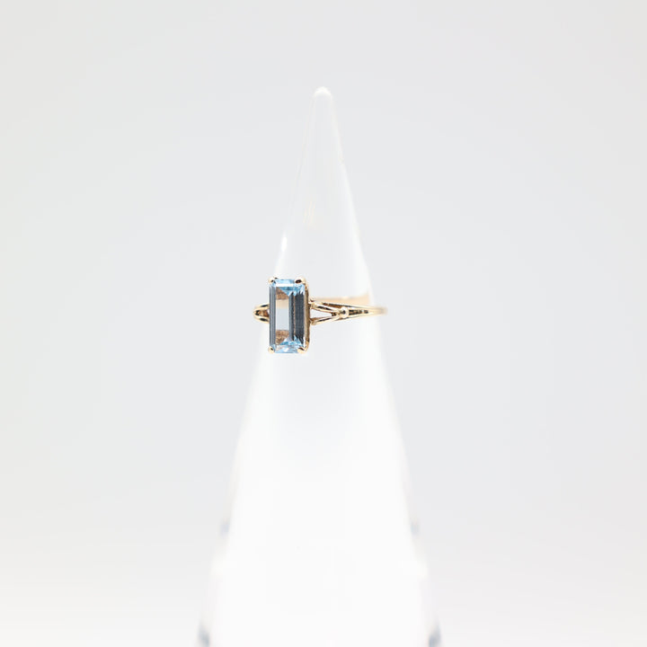 14k Yellow Gold Band with Thin Emerald Cut Blue Topaz Ring Size 5