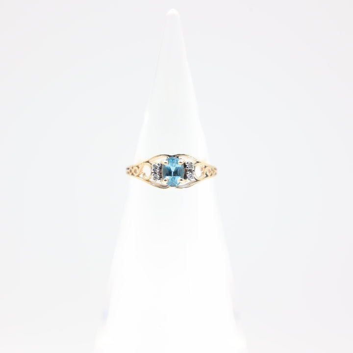 14k Yellow Gold Blue Aquamarine and Diamond Filigree Ring Size 5.75