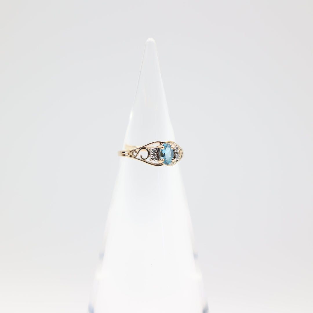 14k Yellow Gold Blue Aquamarine and Diamond Filigree Ring Size 5.75