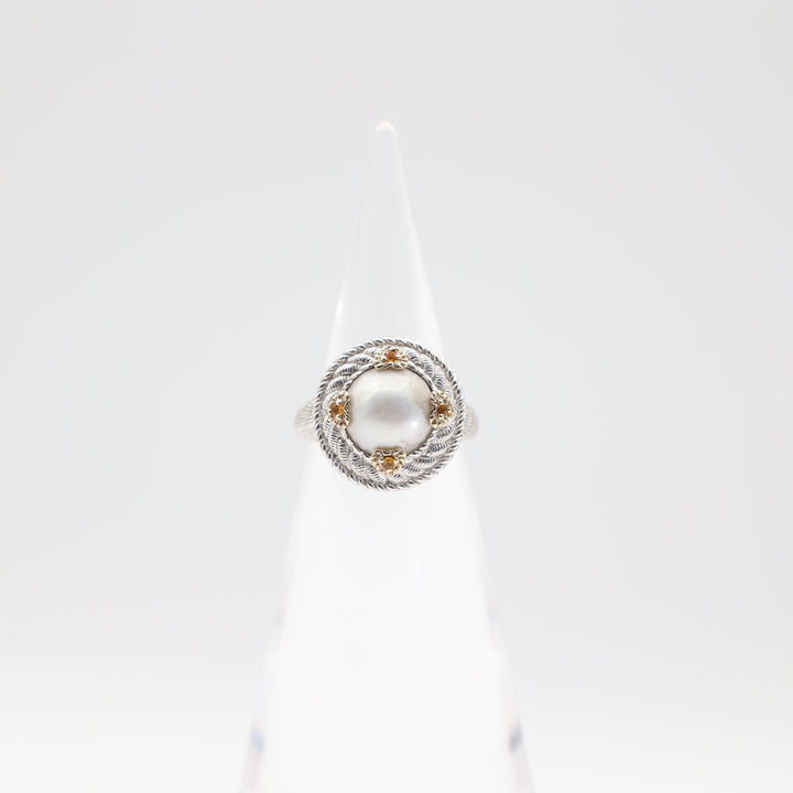 Judith Ripka 925 Sterling Silver Pearl Four Citrine Ring Size 8.75