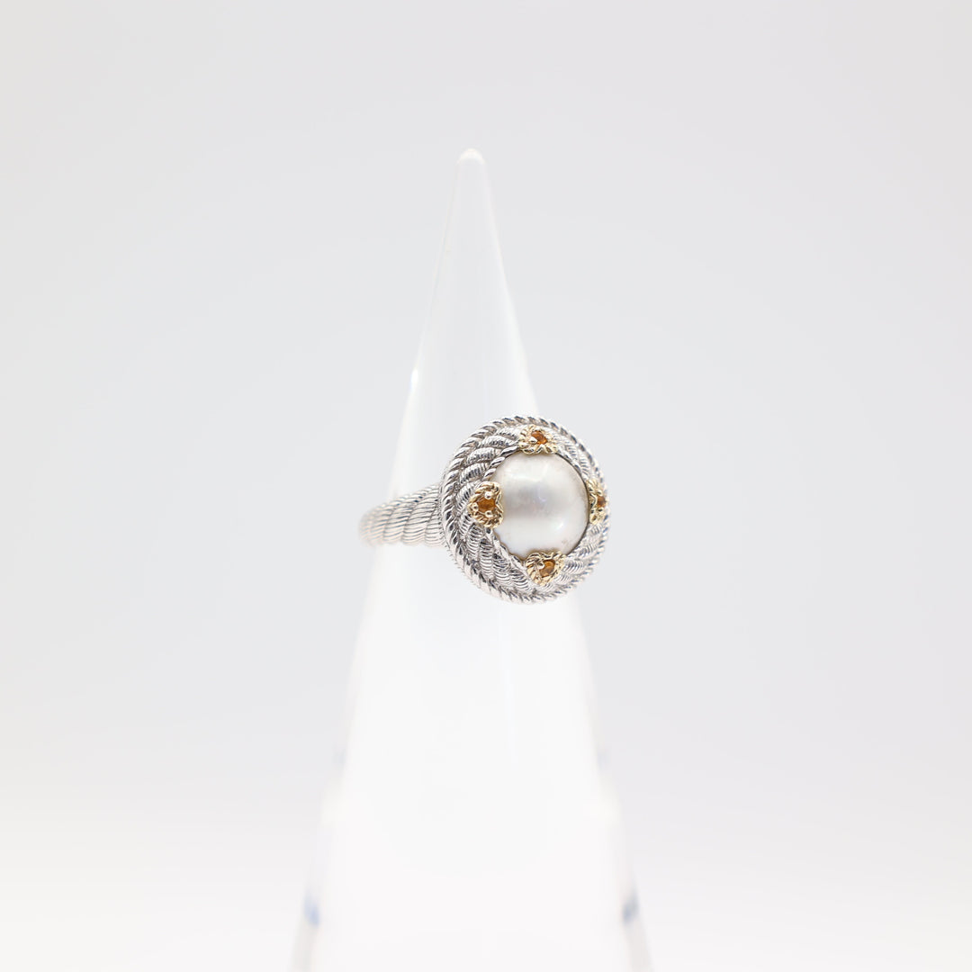 Judith Ripka 925 Sterling Silver Pearl Four Citrine Ring Size 8.75