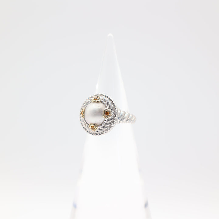 Judith Ripka 925 Sterling Silver Pearl Four Citrine Ring Size 8.75