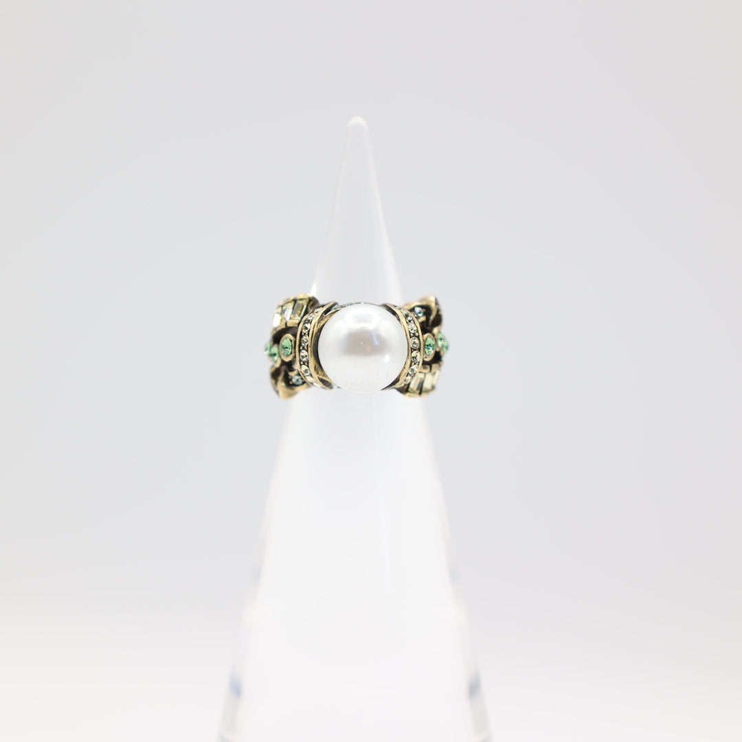 Heidi Daus Large Pearl Stone and Blue Crystal Accent Ring Size 6.5