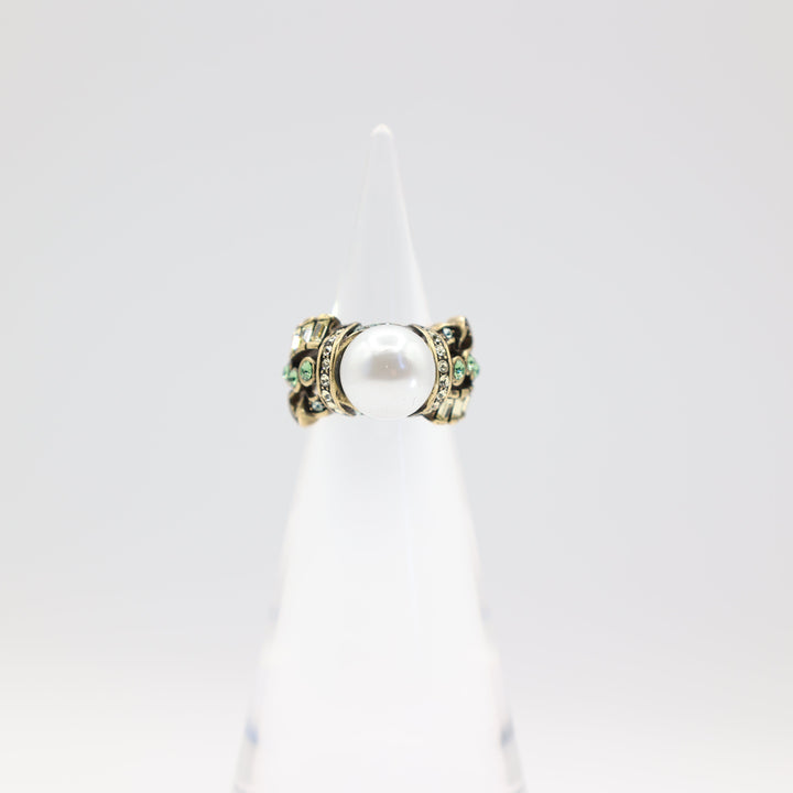 Heidi Daus Large Pearl Stone and Blue Crystal Accent Ring Size 6.5