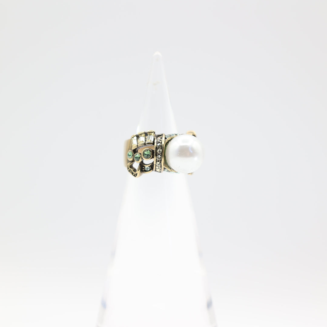 Heidi Daus Large Pearl Stone and Blue Crystal Accent Ring Size 6.5