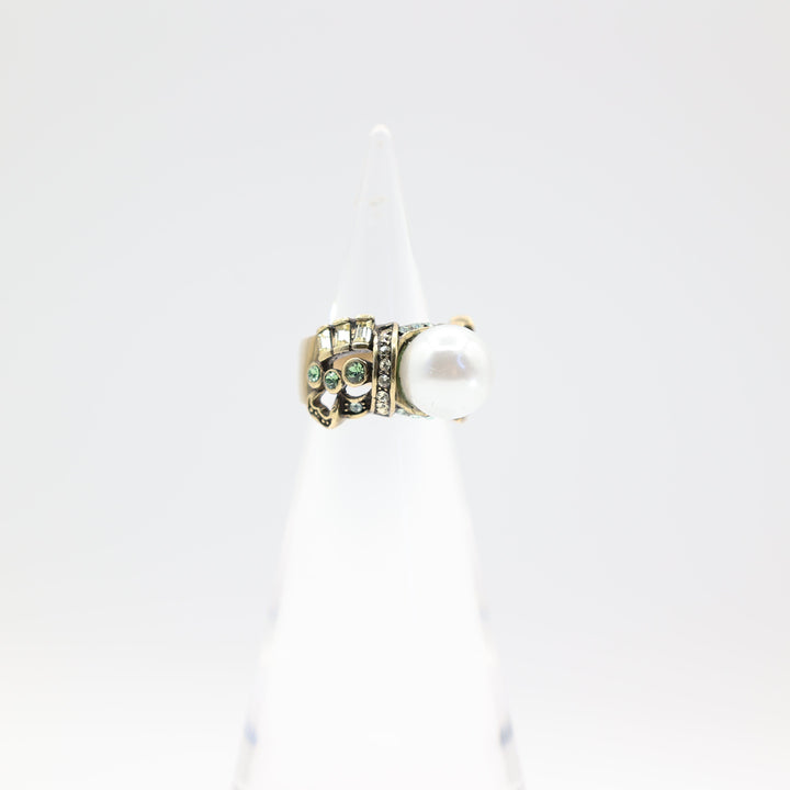 Heidi Daus Large Pearl Stone and Blue Crystal Accent Ring Size 6.5