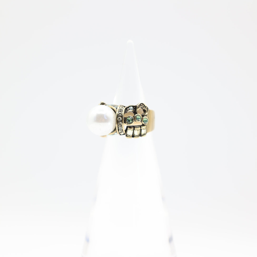 Heidi Daus Large Pearl Stone and Blue Crystal Accent Ring Size 6.5