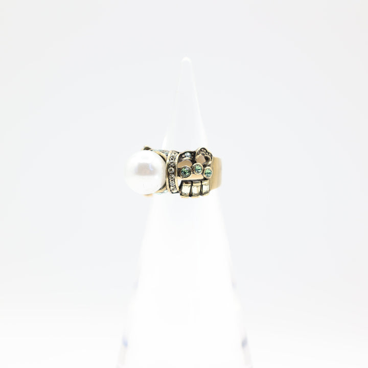 Heidi Daus Large Pearl Stone and Blue Crystal Accent Ring Size 6.5
