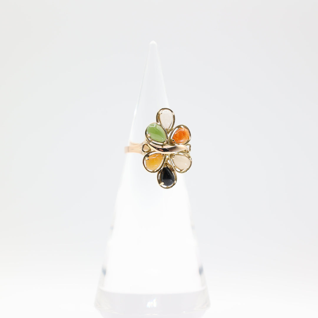 14k Yellow Gold Multi Color Natural Jade Cluster Ring Size 7.75