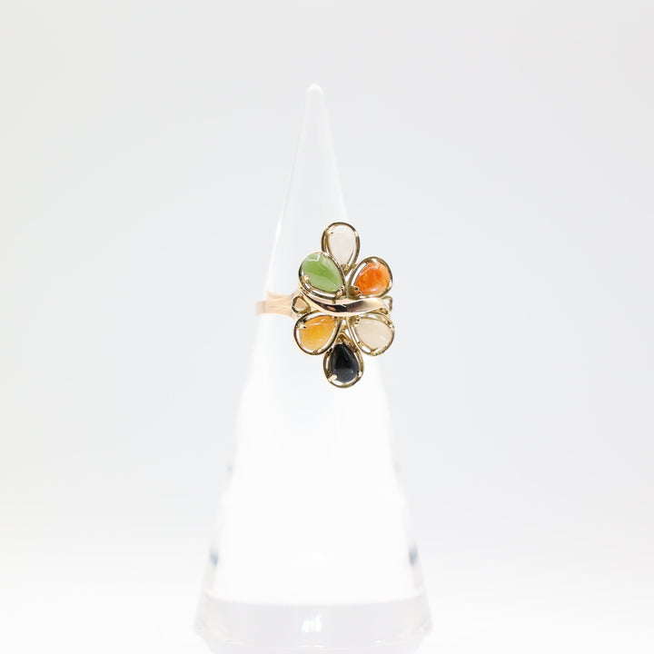 14k Yellow Gold Multi Color Natural Jade Cluster Ring Size 7.75