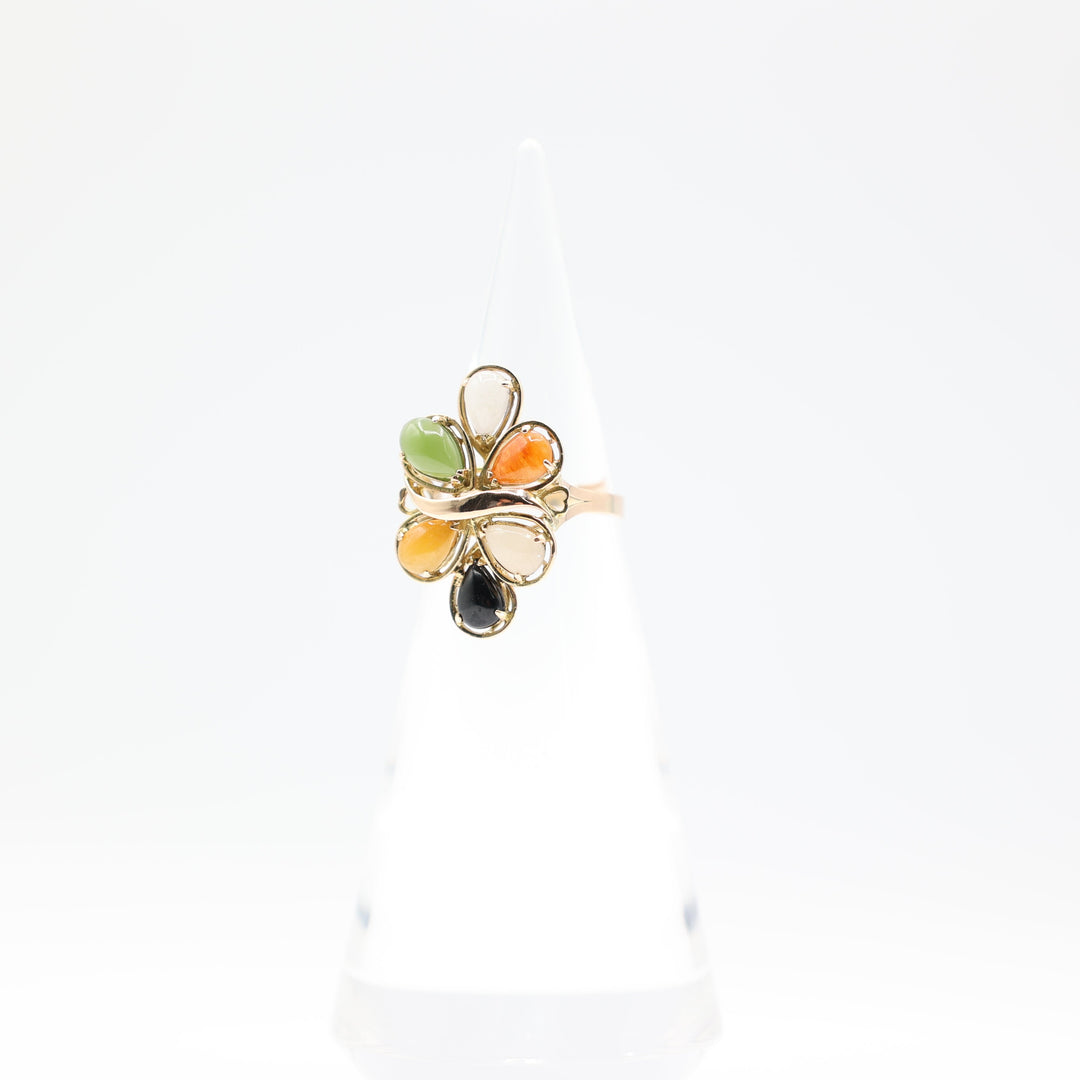 14k Yellow Gold Multi Color Natural Jade Cluster Ring Size 7.75