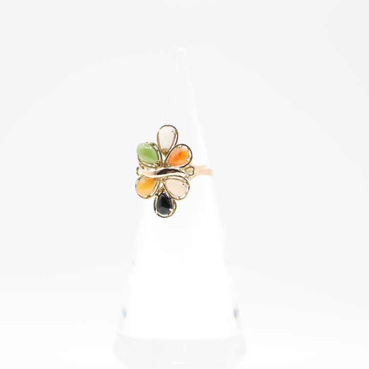 14k Yellow Gold Multi Color Natural Jade Cluster Ring Size 7.75