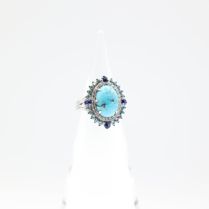 925 Sterling Silver Oval Turquoise Stone Halo Ring Size 7