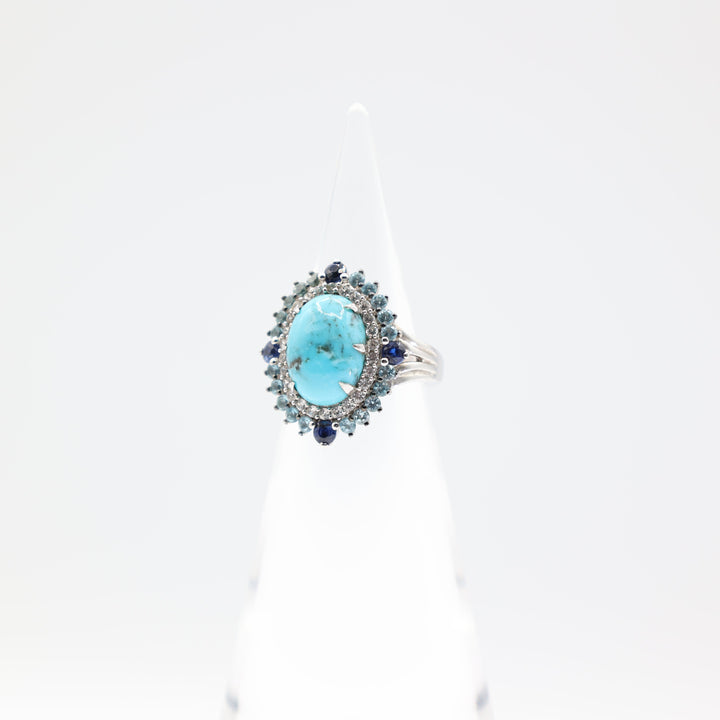 925 Sterling Silver Oval Turquoise Stone Halo Ring Size 7